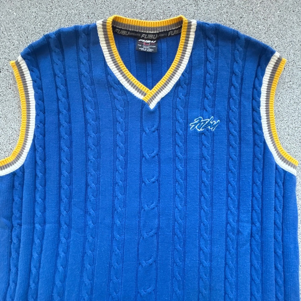FUBU Sweater Vest Mens XXXL Blue Cable Knit V-Neck Striped VTG Tennis Golf - Picture 3 of 10